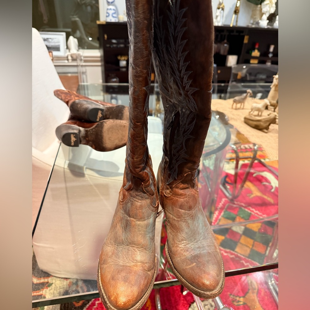 Old Gringo Brown Round Toe Boots with Blue stitching